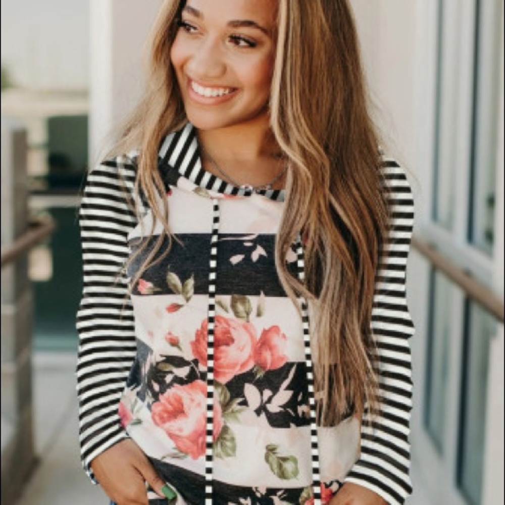 Black Floral Stripe Hooded Drawstring Long Sleeve